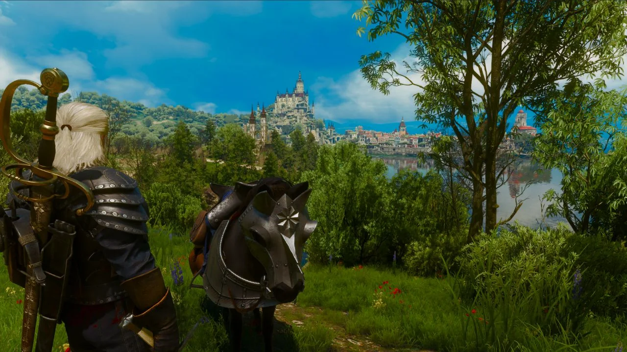 Geralt de Rivia y Sardinilla contemplando el palacio de Beauclair en el ducado de Toussaint