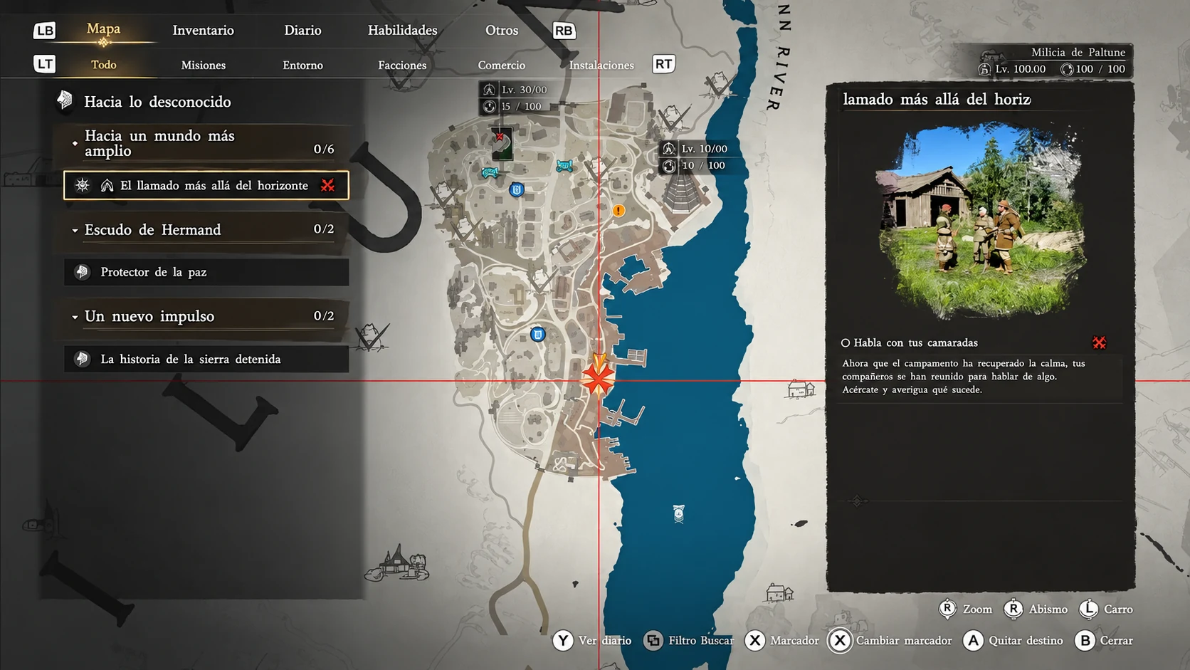 Mapa de Crimson Desert con la ubicación de la misión El llamado más allá del horizonte en Pailune para comenzar la cadena marítima de Charting the Unknown