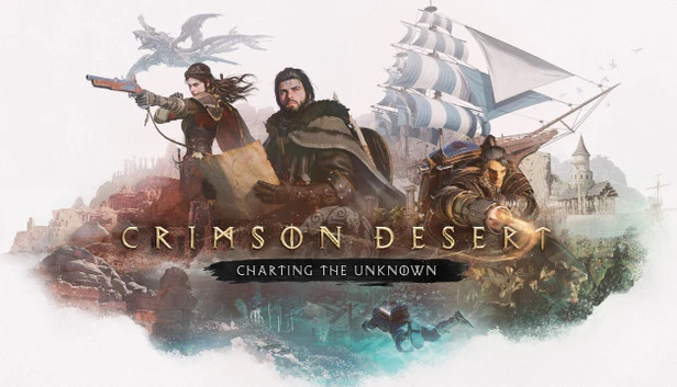 Arte oficial de Crimson Desert: Charting the Unknown con Kliff, Damiane, Oongka y la exploración marítima