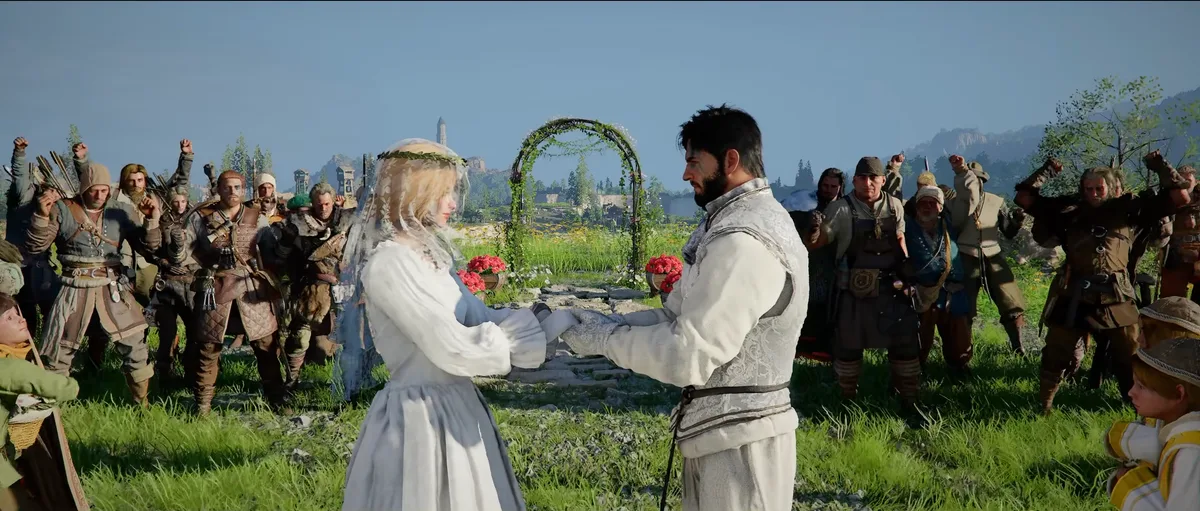 Ceremonia matrimonial entre personajes en un entorno festivo dentro de Crimson Desert