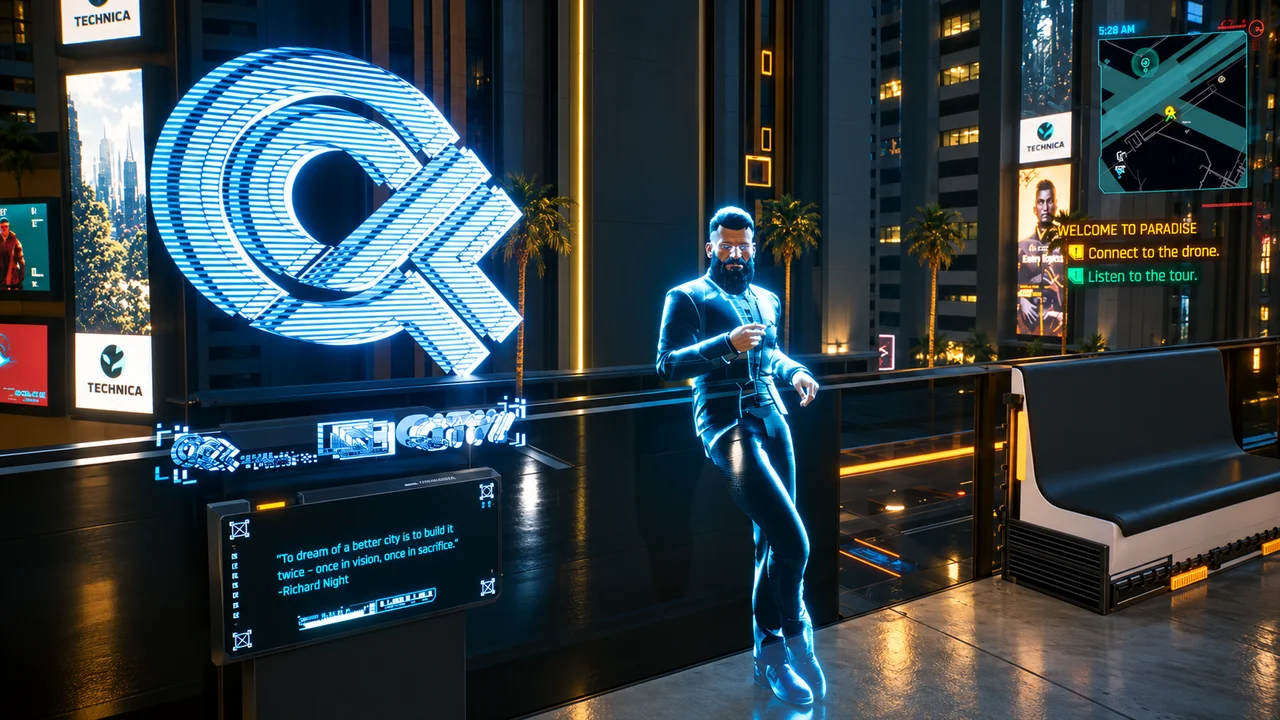 Holograma de Richard Night presentando el recorrido corporativo durante la misión Bienvenidos al paraíso de Cyberpunk 2077