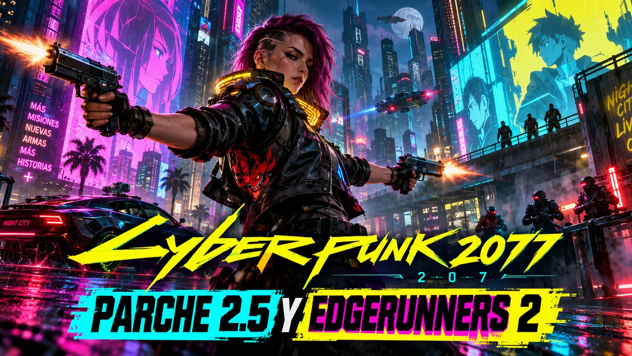 Ilustración editorial de Cyberpunk 2077 actualización 2.5 y Edgerunners 2 con protagonista armada en las calles de Night City