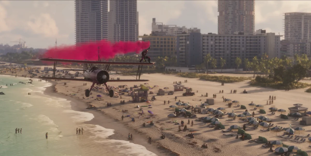 Avión bimotor sobrevolando la costa y las concurridas playas de Vice City en Grand Theft Auto VI