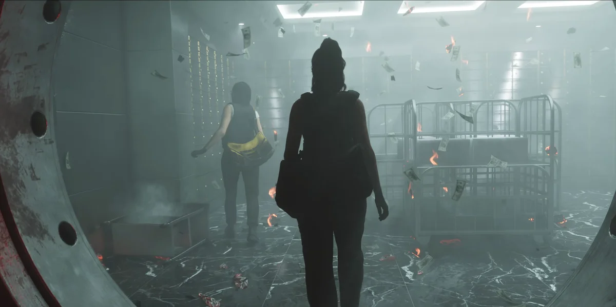 Escena del tráiler de GTA 6 con un asaltante armado dentro de una bóveda bancaria