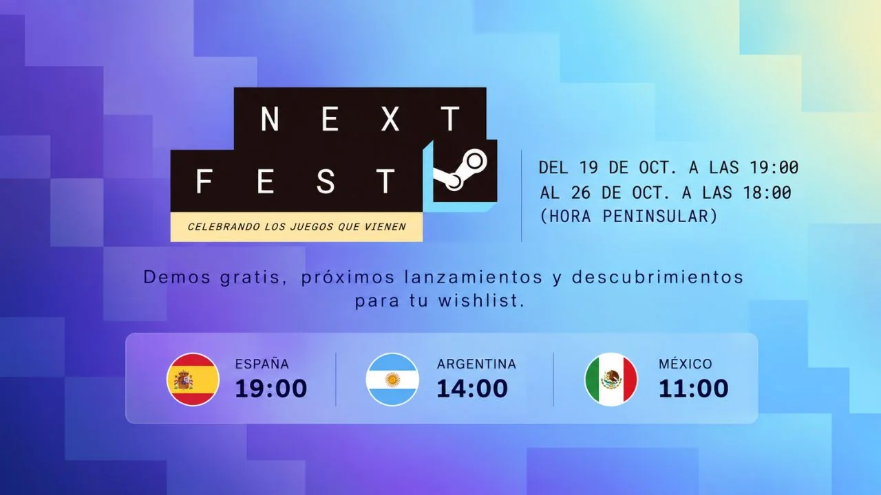 Banner oficial de Steam Next Fest de octubre de 2026 con fechas del evento y horarios para España, Argentina y México