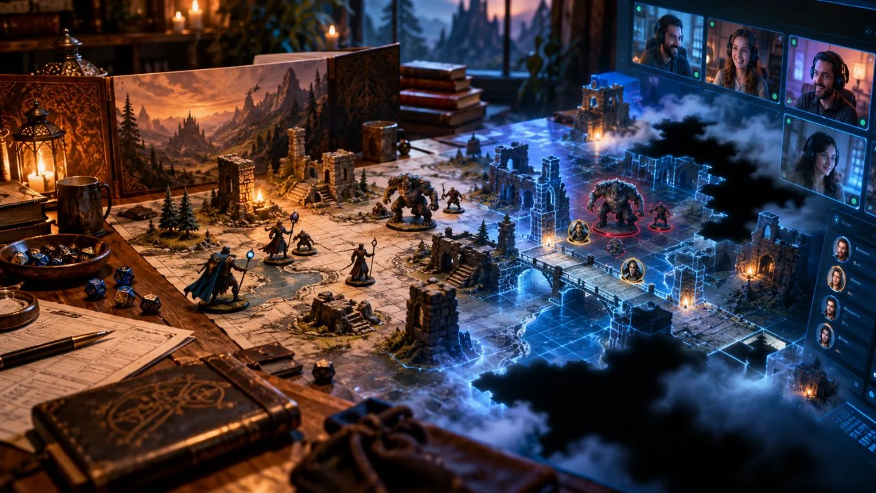 Transición entre una mesa física de rol con miniaturas y dados y un tablero virtual digital con jugadores conectados a distancia