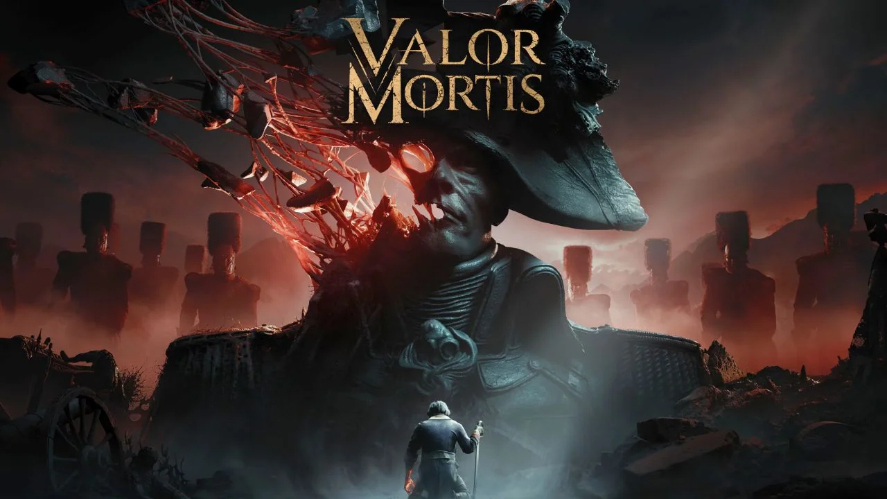 Arte oficial de Valor Mortis con William, soldado napoleónico de espaldas frente a una entidad colosal y un ejército en la niebla
